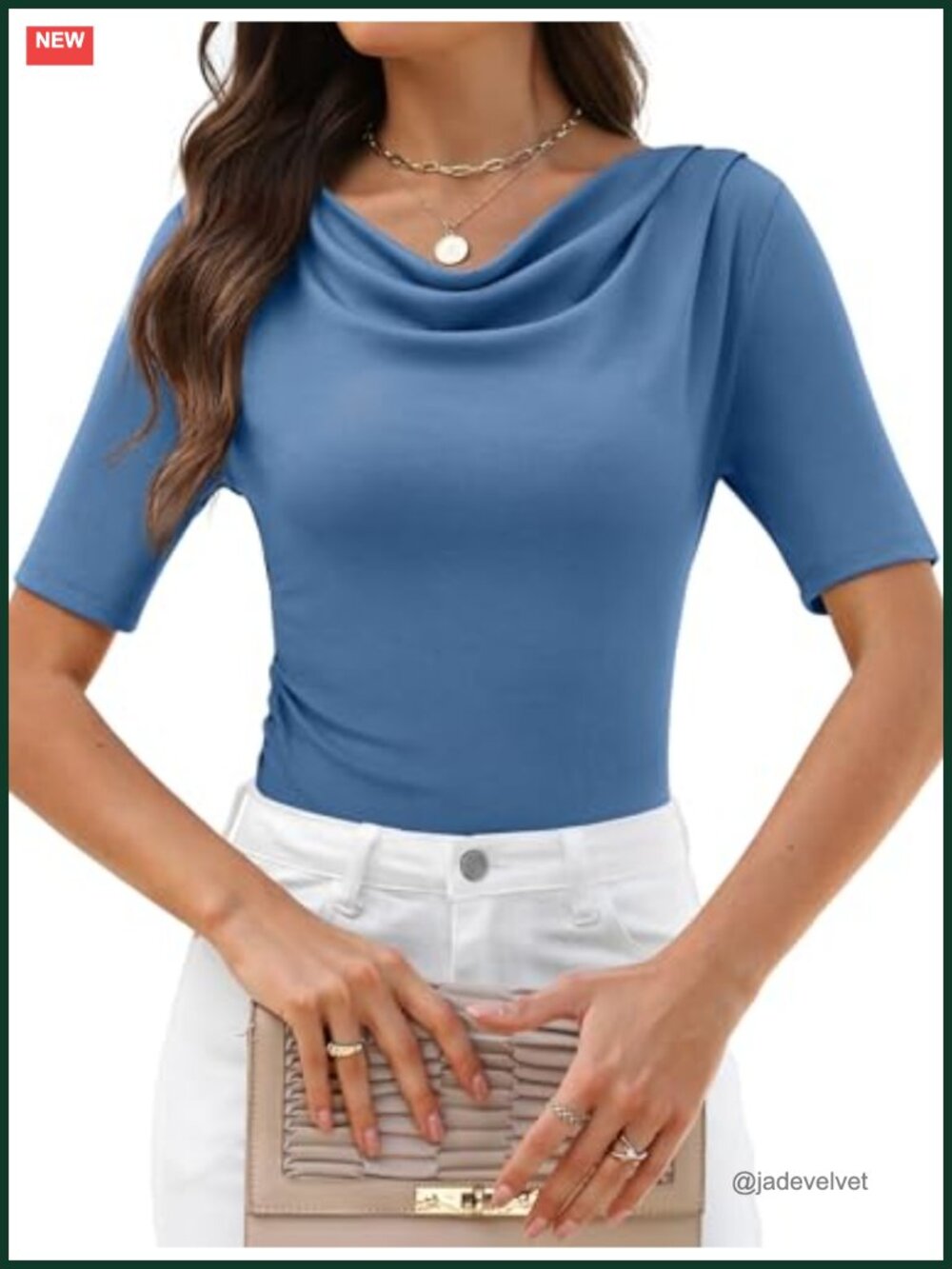 Cowl Neck Elbow Sleeve Fitted T-Shirt Cotton Modal Blend Women Business Casual